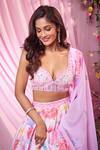 Label Priyanka Kar_Pink Georgette Sequins, Embroidery Round Neck Floral Hand Lehenga Set _Online_at_Aza_Fashions