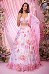 Shop_Label Priyanka Kar_Pink Georgette Sequins, Embroidery Round Neck Floral Hand Lehenga Set _Online_at_Aza_Fashions