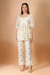 Buy_Naintara Bajaj_Off White Cotton Embroidery Round Neck Monarch Butterfly Pant Co-ord Set _at_Aza_Fashions
