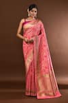 Buy_Samyukta Singhania_Peach Jaal Weave Banarasi Silk Saree With Running Blouse _at_Aza_Fashions