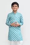 Petite Pomme_Turquoise Cotton, Silk Zari Green Kurta And White Pant Set _Online_at_Aza_Fashions