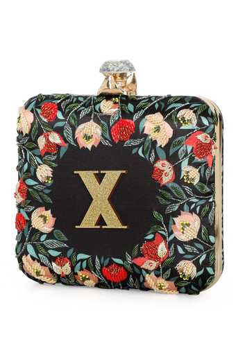 Buy_NR By Nidhi Rathi_Black Embroidery Floral Printed Box Clutch _Online_at_Aza_Fashions