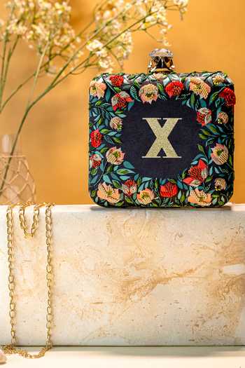 Buy_NR By Nidhi Rathi_Black Embroidery Floral Printed Box Clutch _at_Aza_Fashions