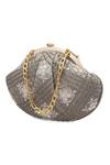 NR By Nidhi Rathi_Gray Embroidery, Beads Grey And Gold Half Moon Clutch_at_Aza_Fashions