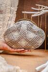 Buy NR By Nidhi Rathi Gray Embroidery, Beads Grey And Gold Half Moon Clutch at Aza Fashions Buy_NR By Nidhi Rathi_Gray Embroidery, Beads Grey And Gold Half Moon Clutch_at_Aza_Fashions