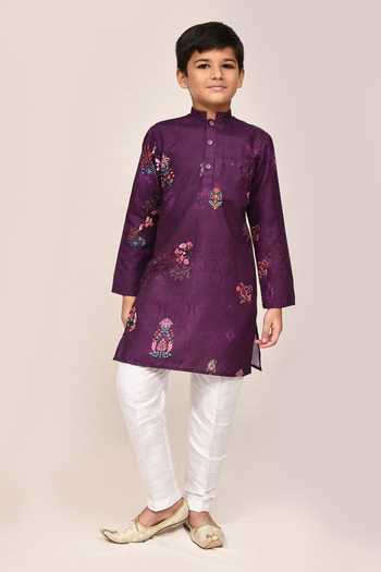 Shop_Petite Pomme_Purple Silk Printed Kurta And White Pant Set _Online_at_Aza_Fashions