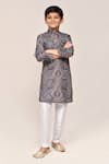 Petite Pomme_Gray Linen, Cotton Grey Bandhani Print Kurta And White Pant Set _at_Aza_Fashions