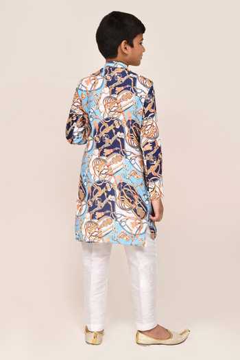 Shop_Petite Pomme_Blue Cotton, Silk Digital Print Boys Kurta And Pant Set _at_Aza_Fashions