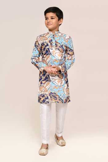 Buy_Petite Pomme_Blue Cotton, Silk Digital Print Boys Kurta And Pant Set _Online_at_Aza_Fashions