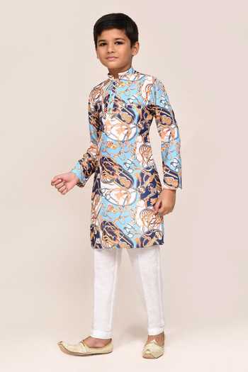 Shop_Petite Pomme_Blue Cotton, Silk Digital Print Boys Kurta And Pant Set _Online_at_Aza_Fashions