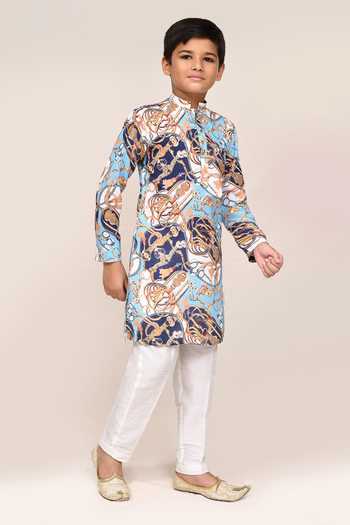 Petite Pomme_Blue Cotton, Silk Digital Print Boys Kurta And Pant Set _at_Aza_Fashions