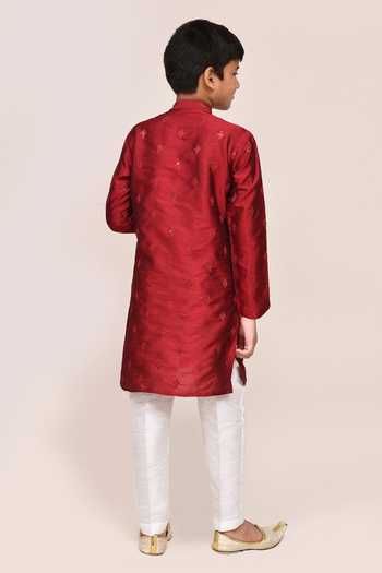 Shop_Petite Pomme_Maroon Silk Sequins Kurta And White Pant Set _at_Aza_Fashions