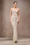 Tarun Tahiliani_Ivory Tulle, Net, Jersey Beads Open Neck, Sweetheart Foil Corset And Skirt Set _at_Aza_Fashions