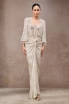 Buy_Tarun Tahiliani_Ivory Tulle, Net, Jersey Beads Open Neck, Sweetheart Foil Corset And Skirt Set _at_Aza_Fashions