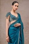 Tarun Tahiliani_Teal Chiffon Beads, Green Designer Saree With Unstitched Blouse Fabric _Online_at_Aza_Fashions