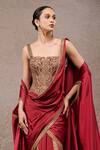 Tarun Tahiliani_Wine Tulle, Net Embroidery Square , Open Concept Saree And Cape Set _Online_at_Aza_Fashions