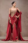 Buy_Tarun Tahiliani_Wine Tulle, Net Embroidery Square , Open Concept Saree And Cape Set _Online_at_Aza_Fashions