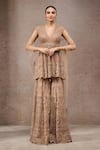 Buy_Tarun Tahiliani_Gold Tulle Embroidery, Sequins V-neck Net Sharara Kurta Set _at_Aza_Fashions
