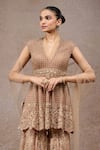 Tarun Tahiliani_Gold Tulle Embroidery, Sequins V-neck Net Sharara Kurta Set _Online_at_Aza_Fashions