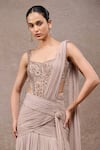 Tarun Tahiliani_Beige Chiffon, Tulle, Net Embroidery, Champagne Concept Saree And Bodysuit Set _Online_at_Aza_Fashions