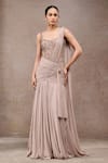 Buy_Tarun Tahiliani_Beige Chiffon, Tulle, Net Embroidery, Champagne Concept Saree And Bodysuit Set _at_Aza_Fashions