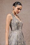Tarun Tahiliani_Beige Net V-neck Beige-grey Crinkle Designer Gown _Online_at_Aza_Fashions