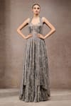 Buy_Tarun Tahiliani_Beige Net V-neck Beige-grey Crinkle Designer Gown _at_Aza_Fashions