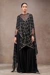 Shop_Tarun Tahiliani_Black Tulle, Net, Georgette V-, Round Designer Cape And Trouser Set _Online