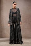 Shop_Tarun Tahiliani_Black Tulle, Net, Georgette Metallic Thread, Mukaish Fabric Jacket And Sharara Set _Online_at_Aza_Fashions