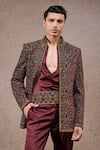 Shop_Tarun Tahiliani_Wine Silk, Velvet Zari, Embroidery Designer Bandgala Set _Online_at_Aza_Fashions