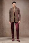 Buy_Tarun Tahiliani_Wine Silk, Velvet Zari, Embroidery Designer Bandgala Set _at_Aza_Fashions