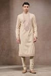 Buy_Tarun Tahiliani_Beige Jacquard, Poplin Embroidery Multi-beige Designer Kurta And Churidar Set _at_Aza_Fashions