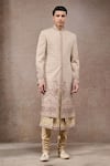 Shop_Tarun Tahiliani_Beige Georgette, Jacquard, Poplin Zari, Embroidery Multi-beige Sherwani Set _at_Aza_Fashions