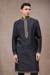 Tarun Tahiliani_Gold Silk, Velvet, Crepe Embroidery Black Designer Sherwani Set _Online_at_Aza_Fashions