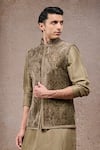 Shop_Tarun Tahiliani_Olive Green Silk Embroidery Nehru Jacket Kurta Set _Online_at_Aza_Fashions