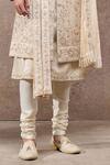 Tarun Tahiliani_Ivory Tissue, Satin Embroidery Sherwani Set _Online_at_Aza_Fashions