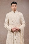 Buy_Tarun Tahiliani_Ivory Tissue, Satin Embroidery Sherwani Set _Online_at_Aza_Fashions