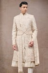 Shop_Tarun Tahiliani_Ivory Tissue, Satin Embroidery Sherwani Set _Online_at_Aza_Fashions
