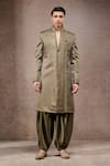 Buy_Tarun Tahiliani_Olive Green Tissue, Satin Embroidery Designer Sherwani Set _at_Aza_Fashions
