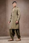 Shop_Tarun Tahiliani_Olive Green Tissue, Satin Embroidery Designer Sherwani Set _at_Aza_Fashions