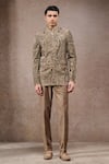 Buy_Tarun Tahiliani_Olive Green Silk, Cotton Satin, Velvet Embroidery Designer Bandgala Suit Set _at_Aza_Fashions