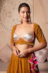 Pomcha Jaipur_Mustard Velvet, Net Tassels Round Neck Lehenga Set _Online_at_Aza_Fashions