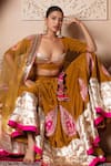 Pomcha Jaipur_Mustard Velvet, Net Tassels Round Neck Lehenga Set _at_Aza_Fashions