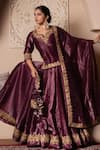 Shop_Pomcha Jaipur_Burgundy Silk Gota Patti, Embroidery Round Neck Work Lehenga Set _Online_at_Aza_Fashions