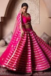 Pomcha Jaipur_Fuchsia Taffeta, Silk, Net Gota Patti Round Neck Hot Pink Lehenga Set _Online_at_Aza_Fashions