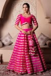 Buy_Pomcha Jaipur_Fuchsia Taffeta, Silk, Net Gota Patti Round Neck Hot Pink Lehenga Set _at_Aza_Fashions