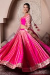 Pomcha Jaipur_Fuchsia Taffeta, Silk, Net Gota Patti Round Neck Hot Pink Lehenga Set _Online_at_Aza_Fashions