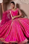 Shop_Pomcha Jaipur_Fuchsia Taffeta, Silk, Net Gota Patti Round Neck Hot Pink Lehenga Set _Online_at_Aza_Fashions