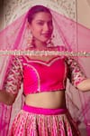 Pomcha Jaipur_Fuchsia Taffeta, Silk, Net Gota Patti Round Neck Hot Pink Lehenga Set _at_Aza_Fashions