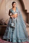 Buy_Pomcha Jaipur_Blue Silk Gota Patti V-neck Powder Lehenga Set _at_Aza_Fashions